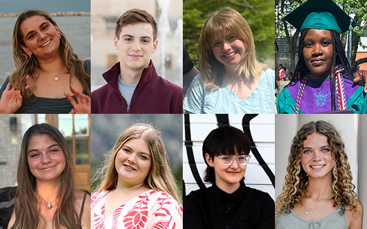 Collage of eight student headshots arranged in two rows. Each student is shown in a distinct setting with varied clothing and backgrounds, representing a diverse group of individuals.
